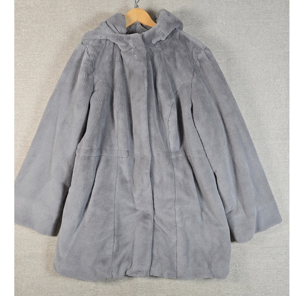 Dennis Basso Faux Fur Hooded Coat Grey Plus Size 1X Winter Luxury Zip Jacket 36"